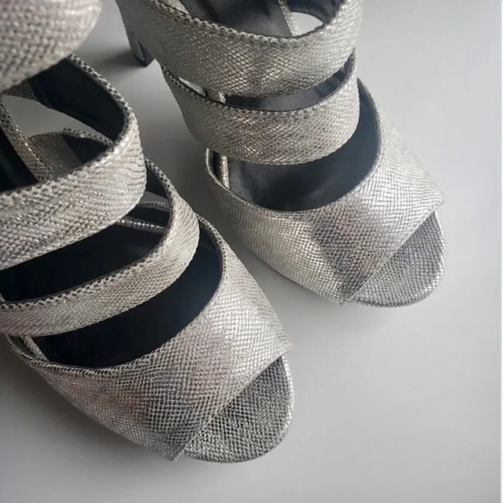 Silver Vegan Leather Strappy Platform Peep Toe Shoe